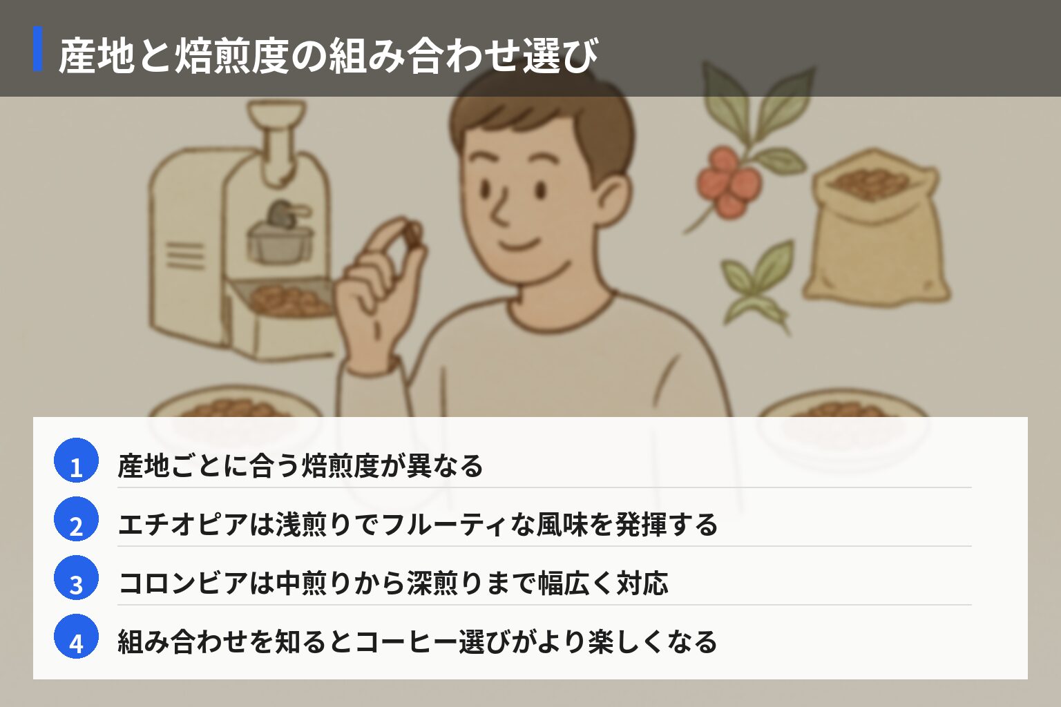 焙煎度と産地・品種の組み合わせ｜僕に合う豆を見つけるの図解・説明イラスト