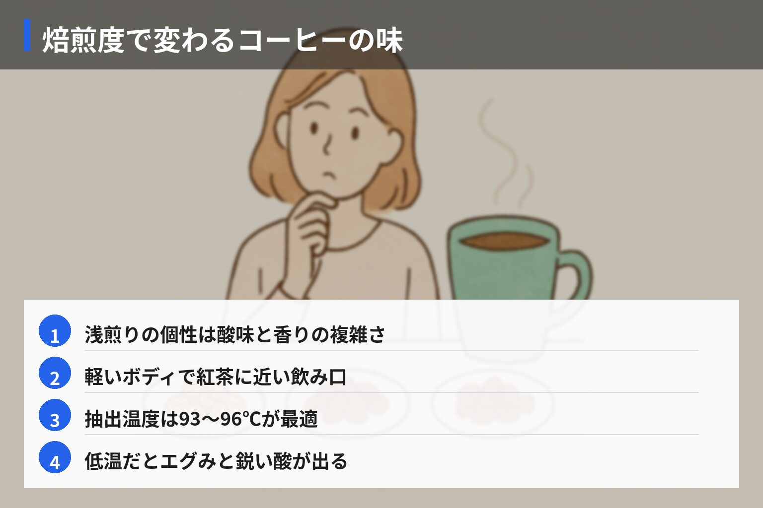 浅煎り・中煎り・深煎りの違い｜初心者が味で選ぶためのヒントの図解・説明イラスト