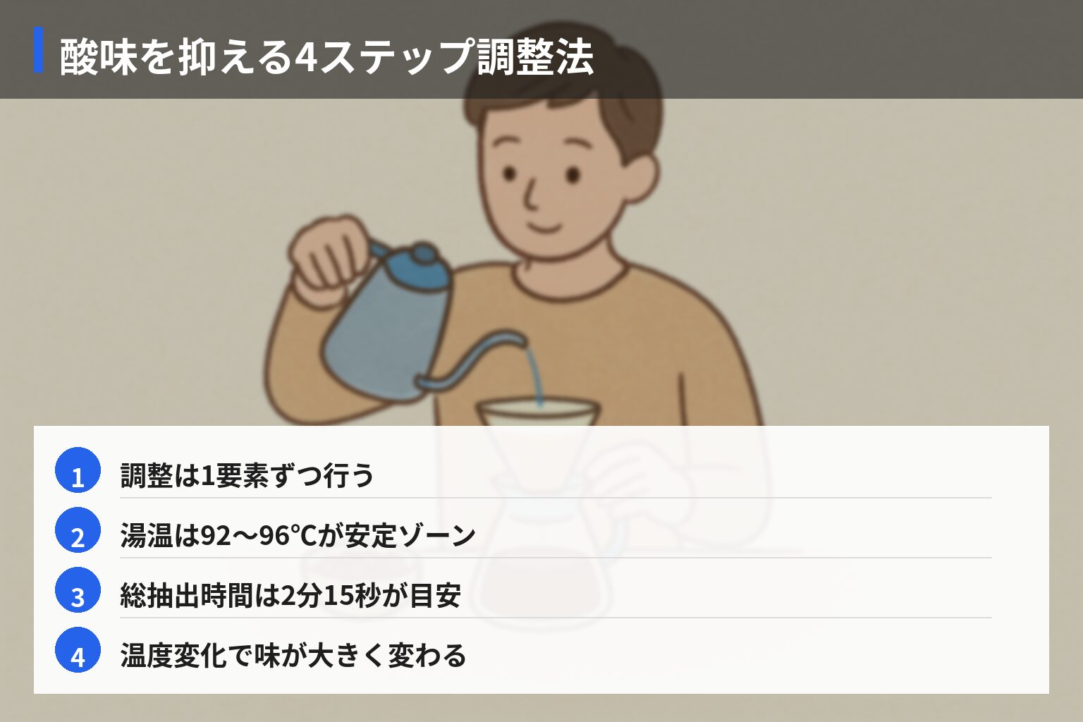 酸味を抑えるための具体的な改善手順の図解・説明イラスト