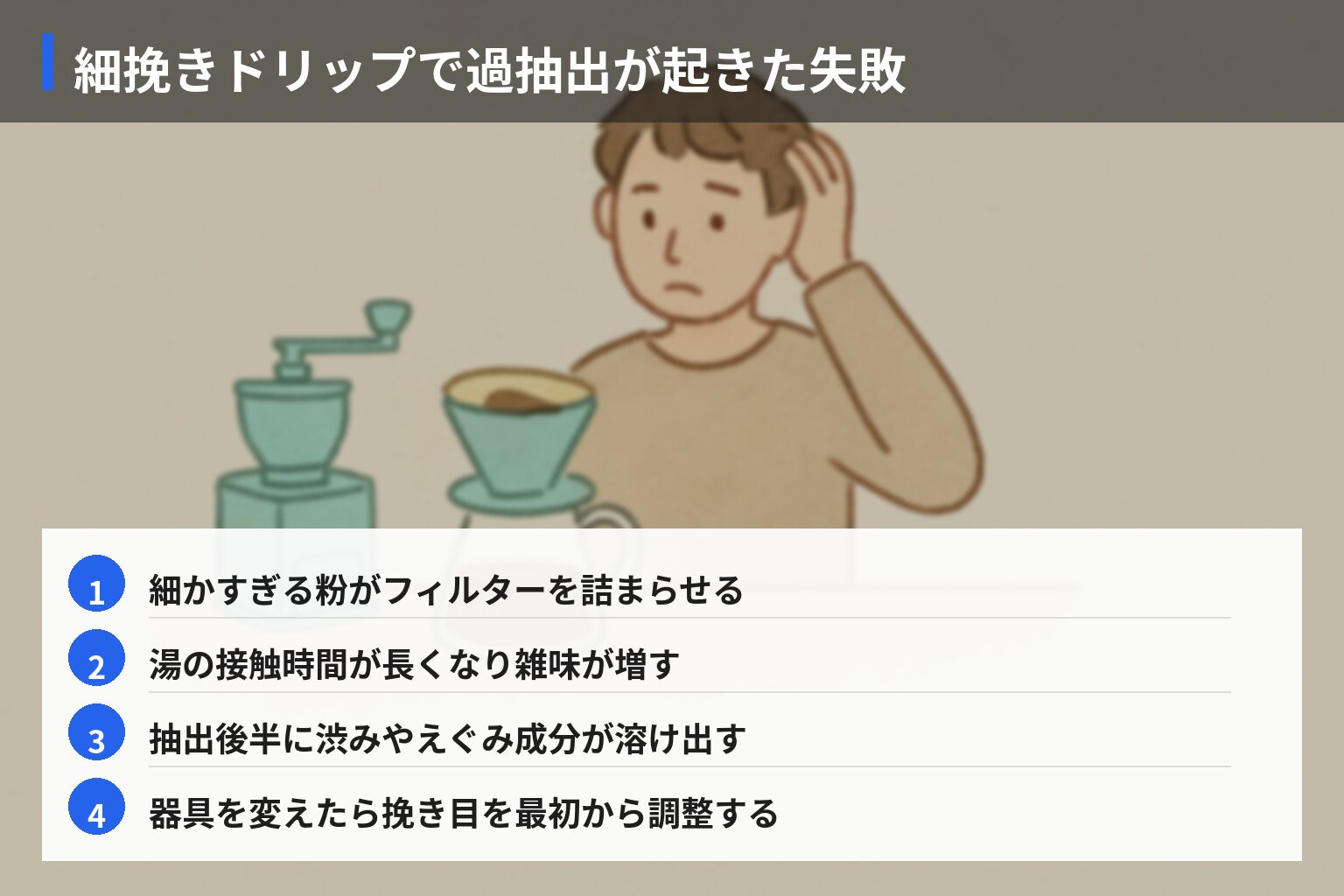 実体験エピソード：挽き目失敗で生じたトラブル5パターンの図解・説明イラスト
