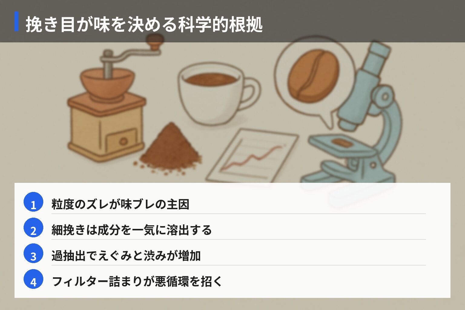 挽き目が味に与える科学的メカニズムと技術的分析の図解・説明イラスト