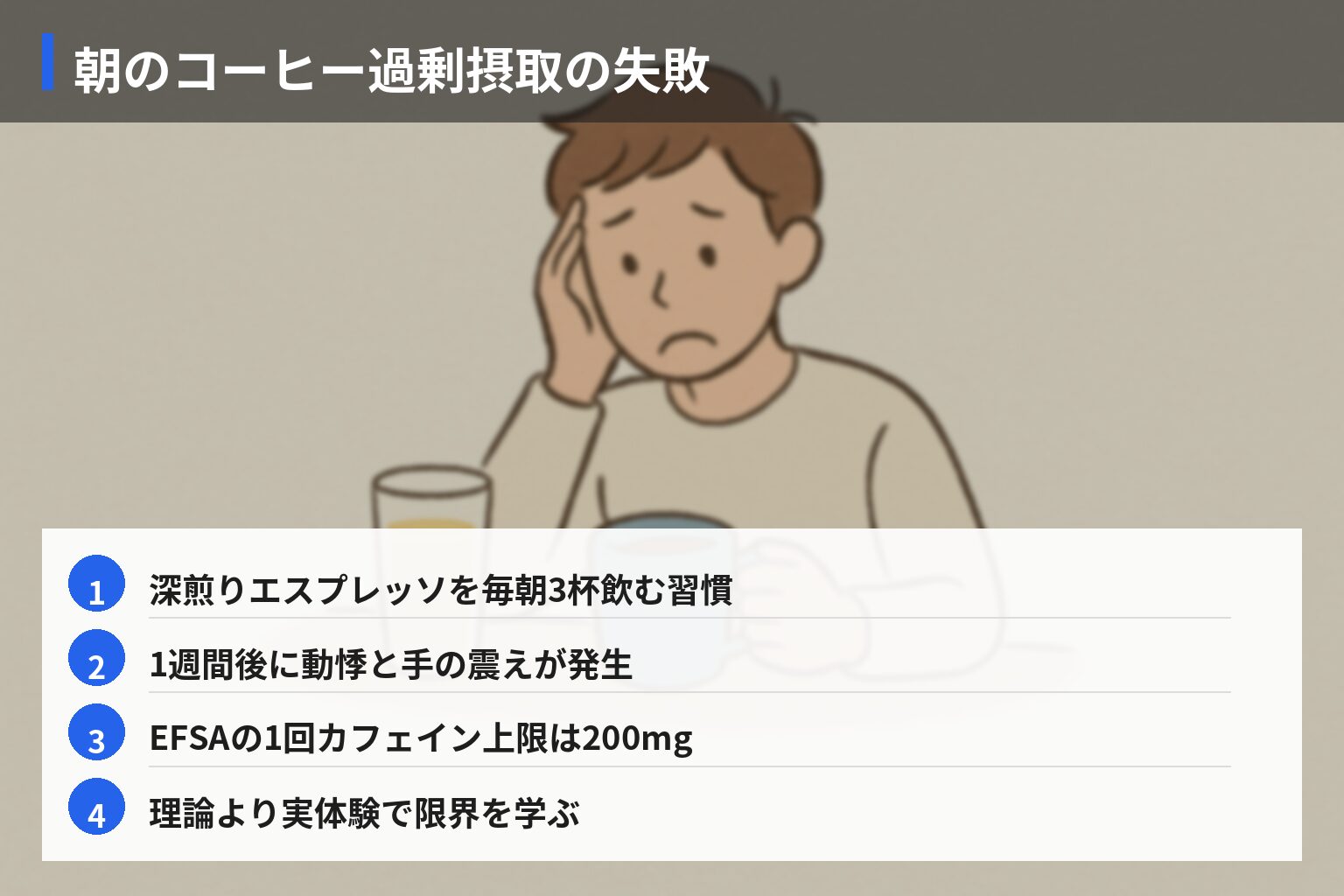 実体験エピソード(失敗):朝の飲み物選びで起きた後悔と誤算の図解・説明イラスト
