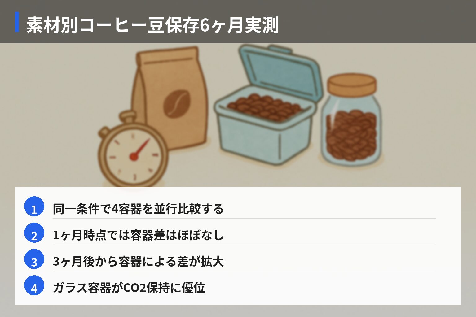 6ヶ月追跡！素材別コーヒー豆保存の実測レポートの図解・説明イラスト
