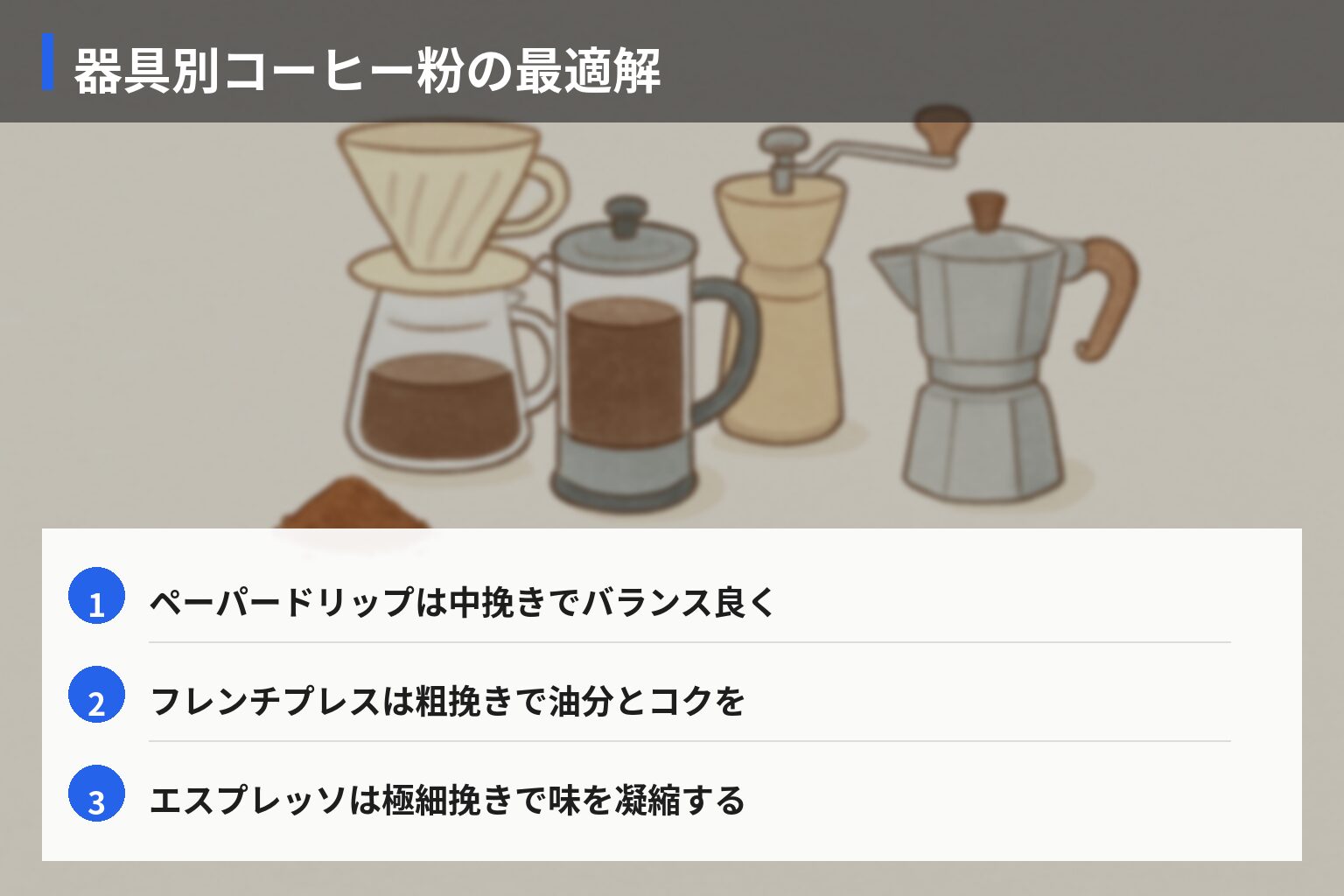 抽出器具別・おすすめ粉度一覧と使い分けの図解・説明イラスト