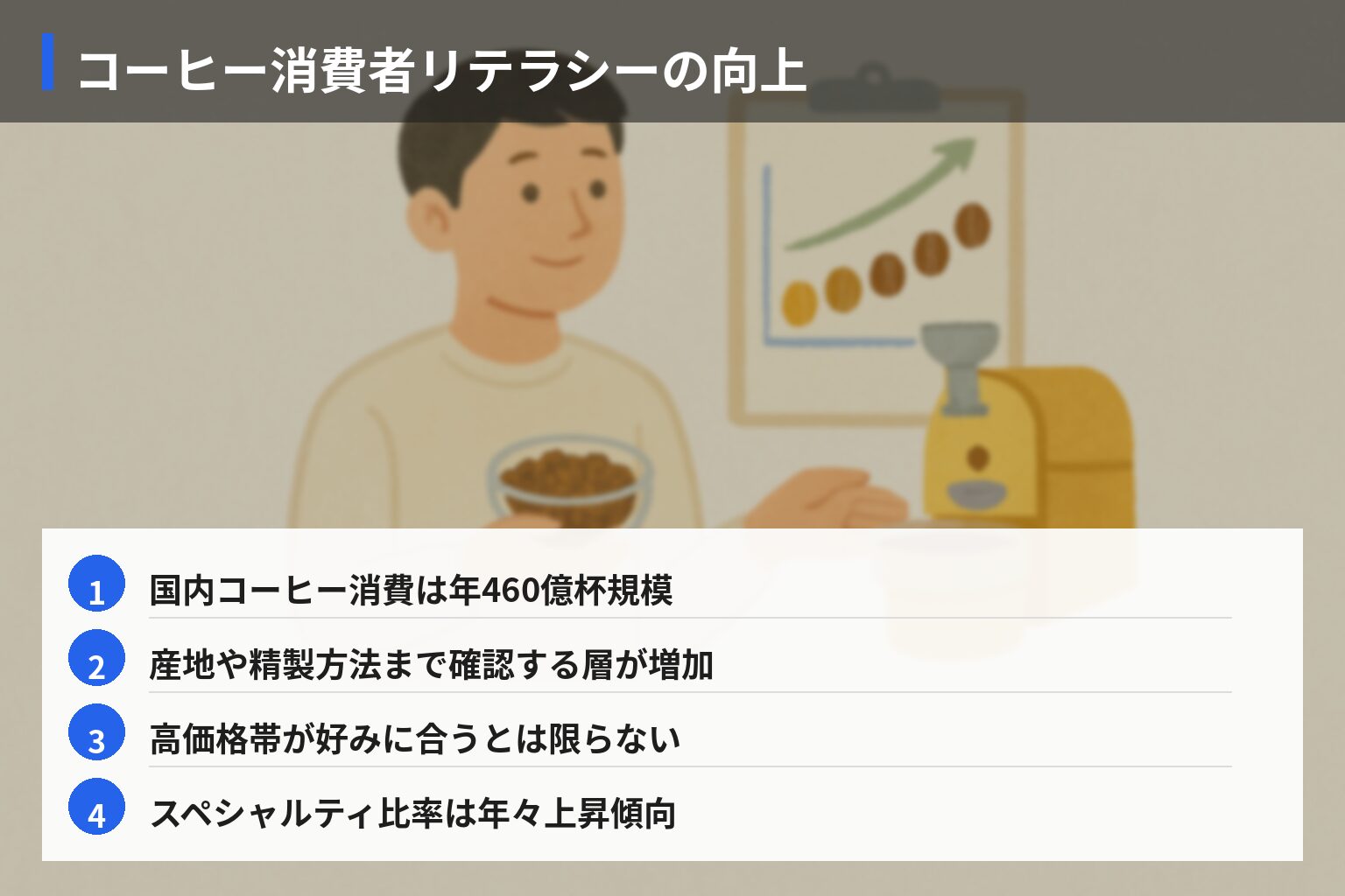 コーヒー豆選びと焙煎度の未来展望の図解・説明イラスト
