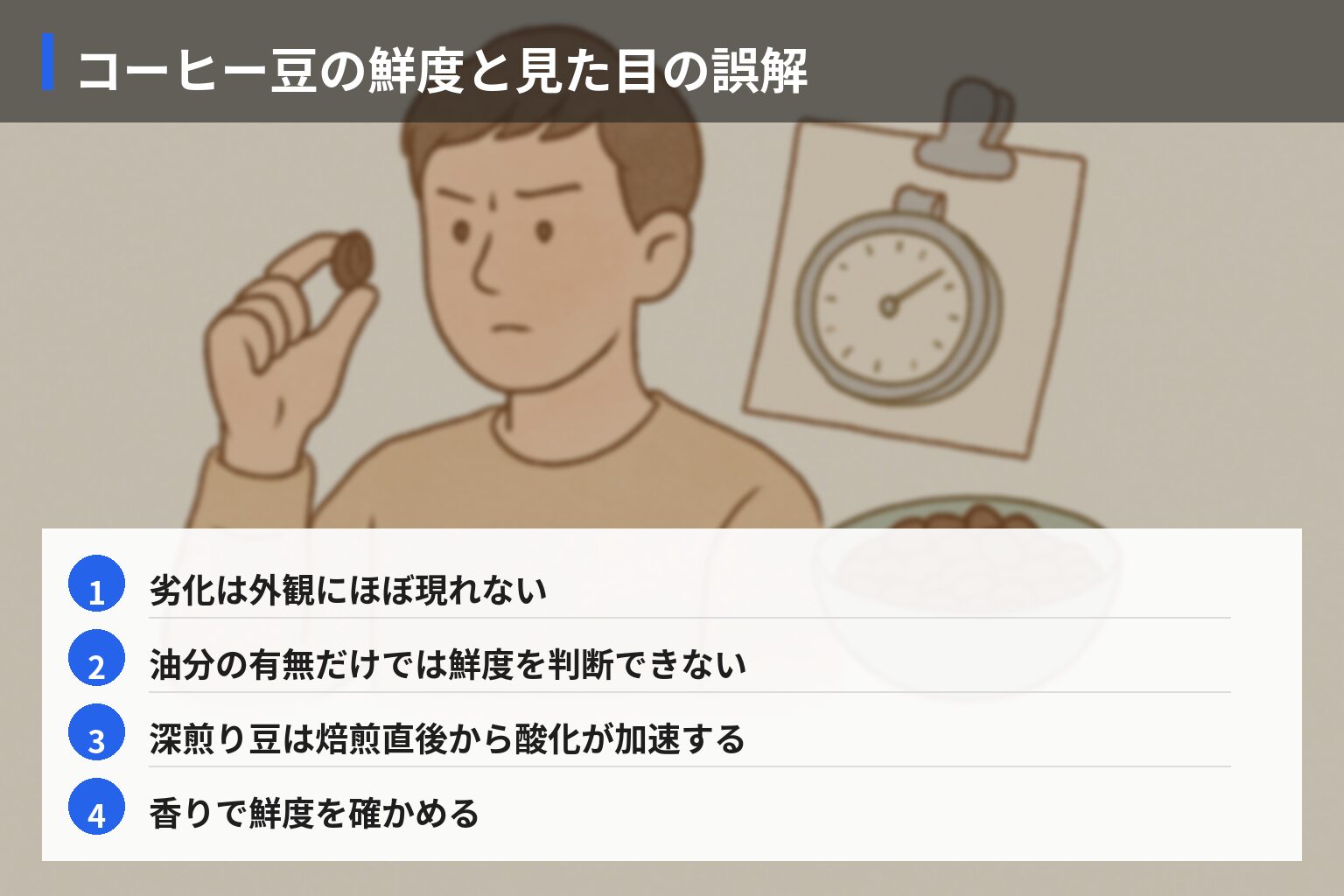 業界の常識と一般の誤解:コーヒー豆の鮮度を巡るリアルの図解・説明イラスト