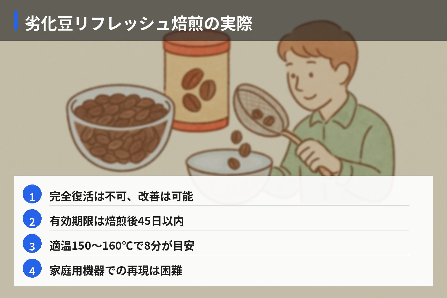 劣化豆の復活:プロが試した再生手法とその効果の図解・説明イラスト