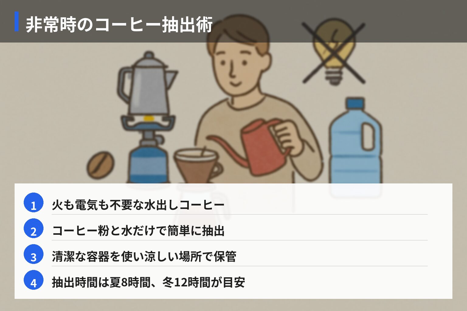 停電・断水時のコーヒー抽出手順とポイントの図解・説明イラスト